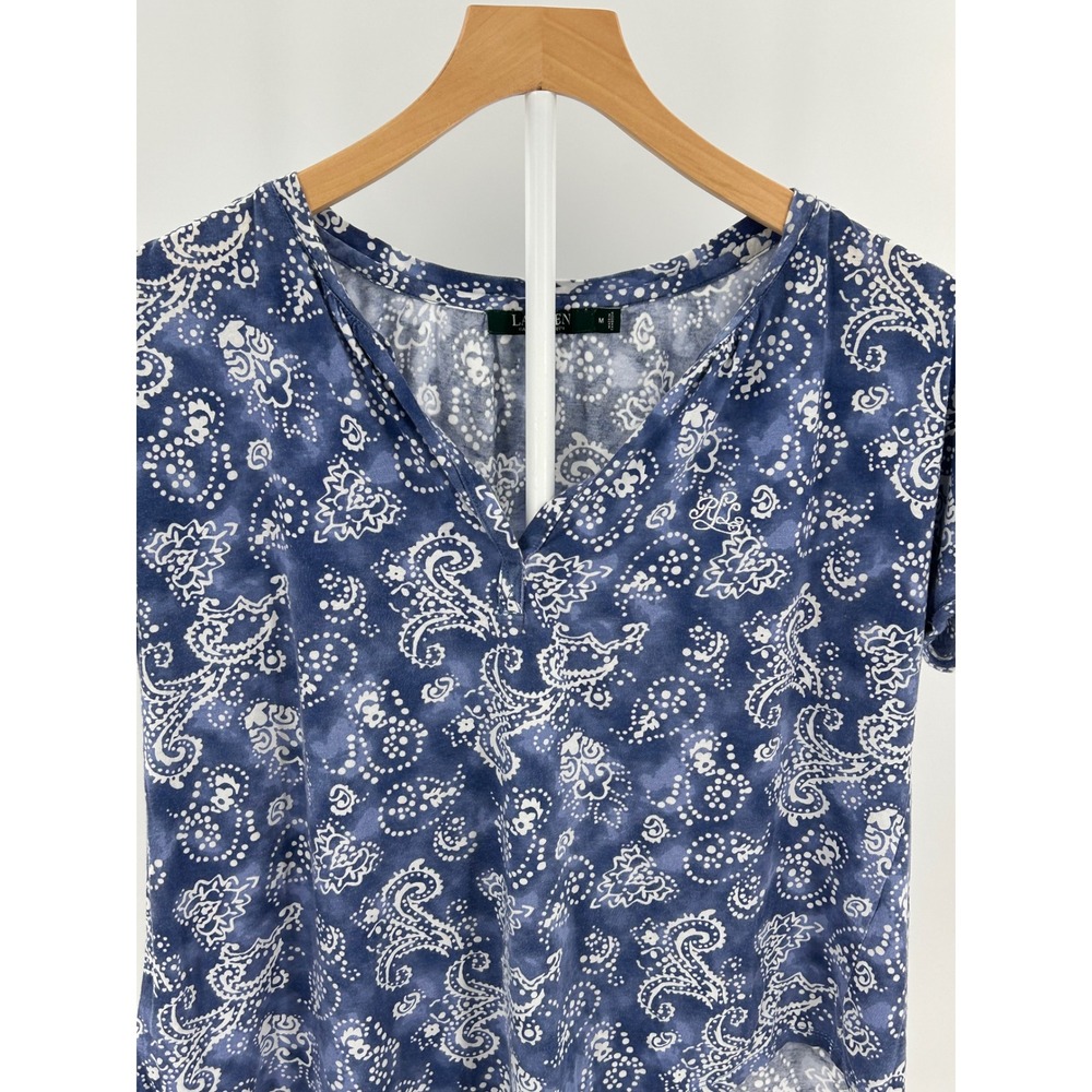 Lauren Ralph Lauren Blue White Paisley Bandana Split V-Neck Top Medium - Picture 2 of 6